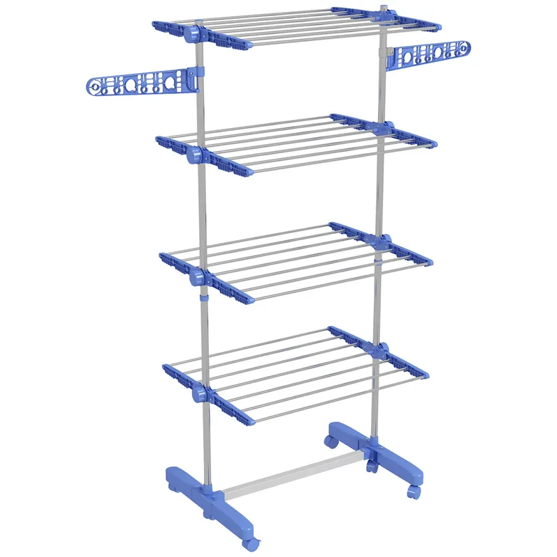 HOMCOM Suport Vertical de Uscare, Suport Pliabil de Uscare cu 6 Roți și 4 Rafturi Reglabile, 142x55x172 cm, Alb și Argintiu | Romania