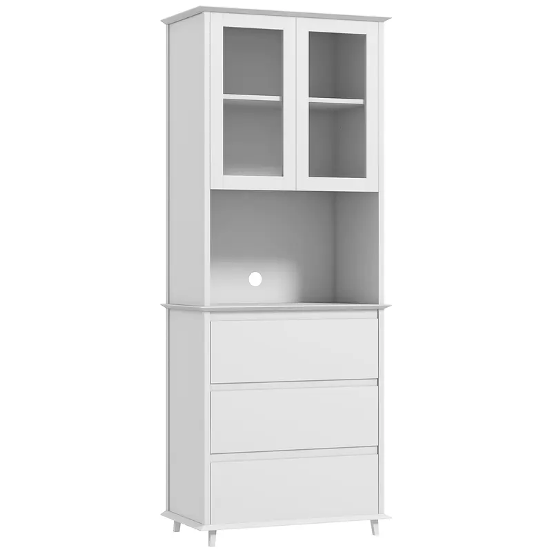 HOMCOM Bufet cu Cabină, Dulap de Bucătărie Independent cu Uși de Sticlă, 3 Sertare și Raft Reglabil, 68x38x172 cm, Alb | Romania