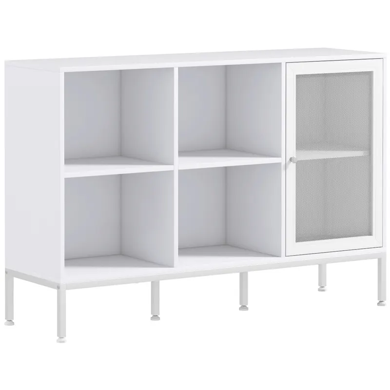 HOMCOM Dulap Modern de Depozitare cu Ușă din Plasă, 4 Compartimente Deschise și Raft Reglabil, 120x37x81.5 cm, Alb | Romania
