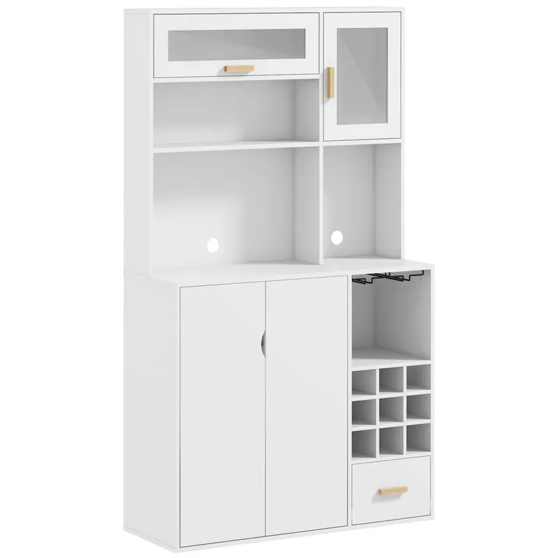 HOMCOM Dulap de Bucătărie cu Depozit de Vinuri, Bufet cu Cabină, Blat cu Microunde, Sertar, Poliță, Uși din Sticlă, 100x38x172 cm, Alb | Romania