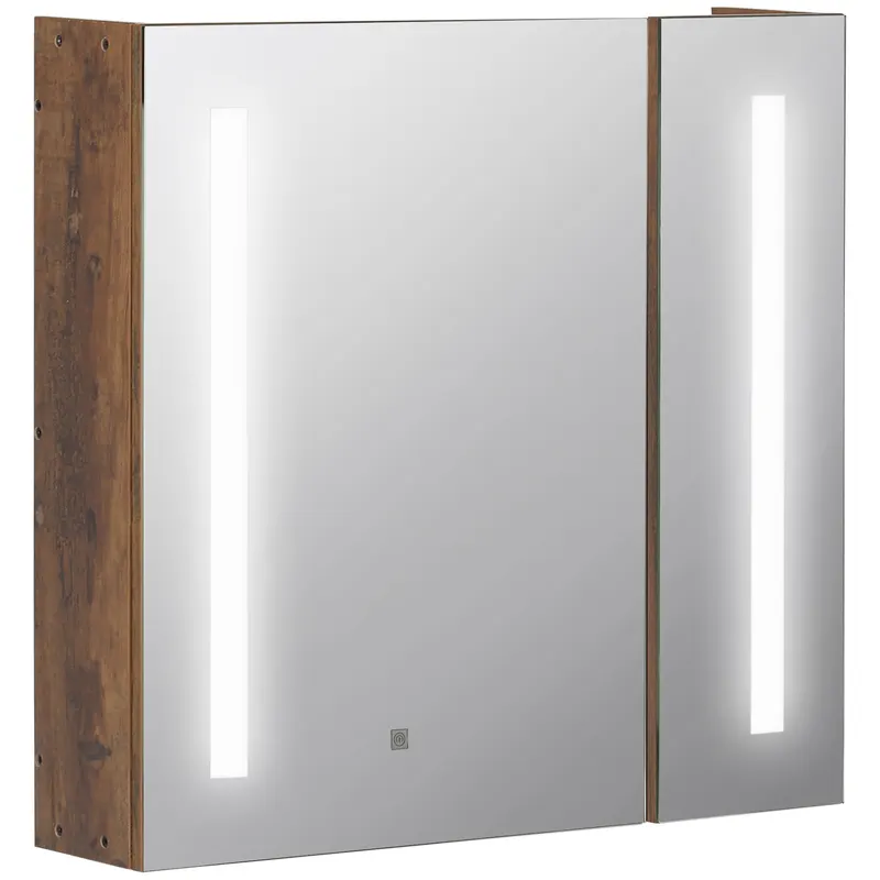 Kleankin Oglindă de Baie cu Lumini LED Reglabile, Dulap de Baie cu 2 Uși cu Oglindă și Raft Reglabil, 70x15x65 cm, Maro | Romania