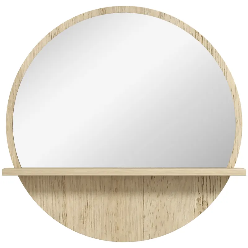 kleankin Oglindă de Baie Rotundă din PAL și Sticlă cu Raft pentru Depozitare și 2 Cârlige pentru Fixare, Ø45x10 cm, Lemn Natural | Romania