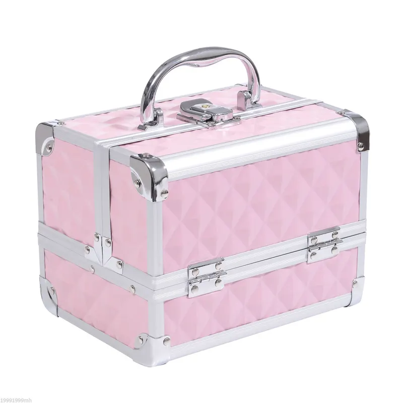 HOMCOM Trusa Machiaj Profesionala, Beauty Case pentru Make Up cu Profile din Aluminiu, Maner si Tava in Consola, 20x15x15cm, Roz | Romania
