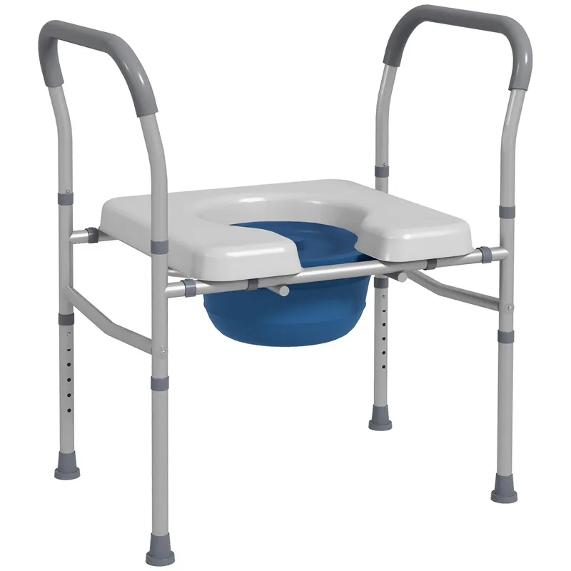 HOMCOM Scaun cu Vas de Toaletă pentru Vârstnici, Scaun de Toaletă Multifuncțional 4-În-1 cu Înălțime Reglabilă, 64x53x70-82 cm, Gri | Romania