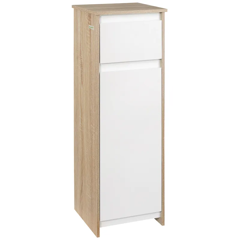kleankin Dulap de Baie, Comodă cu 2 Niveluri și 1 Sertar din MDF, 32.6x30x90 cm, Lemn natural+Alb | Romania