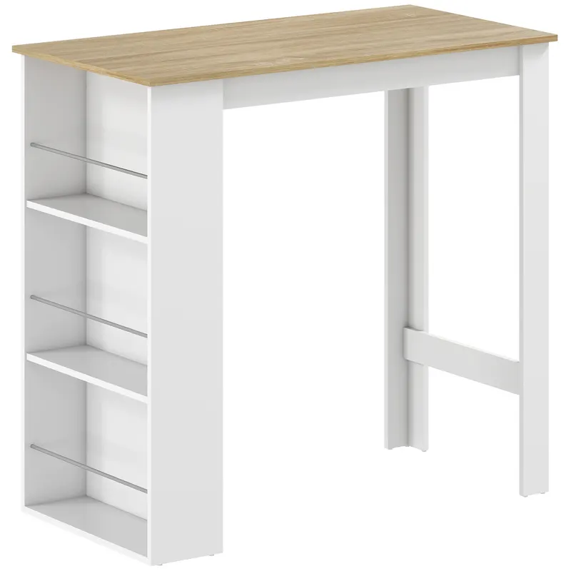 HOMCOM Masă de Bar cu 3 Polițe și Bară de Protecție, Blat de Bucătărie din Oțel și PAL, 112x57x106 cm, Alb | Romania