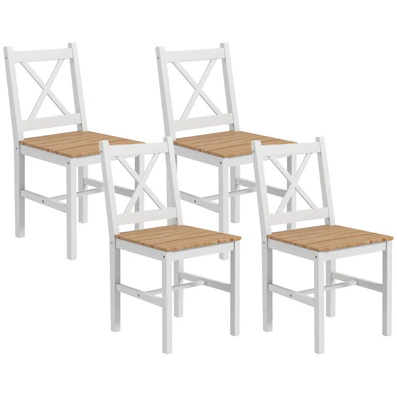 HOMCOM Set 4 Scaune cu Spătar Transversal, Scaune Clasice din Lemn de Pin, 41x46.5x87 cm, Alb | Romania