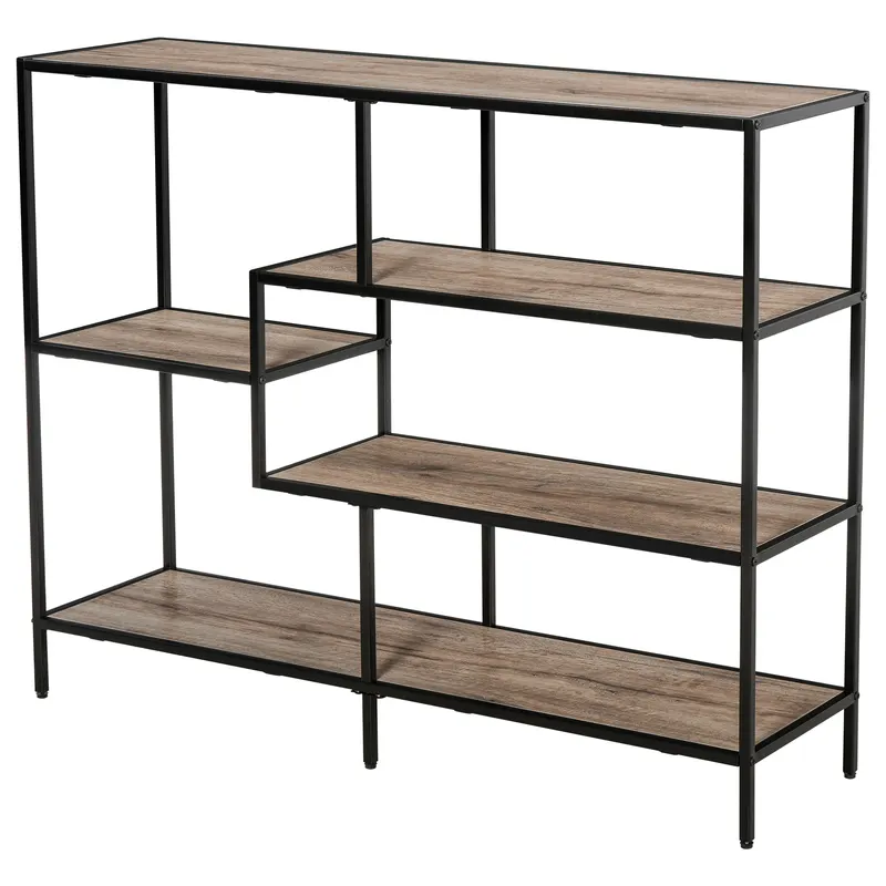 HOMCOM Raft Biblioteca din Lemn Culoare Stejar cu 5 Rafturi, Sistem Controlul Stabilitatii, Cadru din Metal Negru 120x32x95cm | Romania