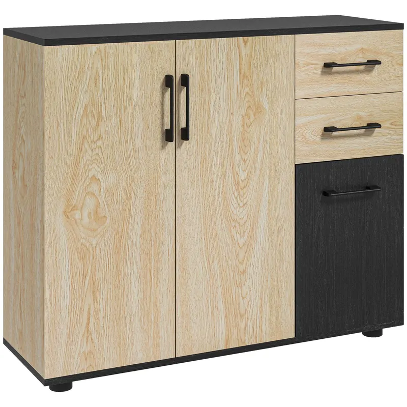 Bufet modern cu 2 dulapuri și 2 sertare, bufet de bucătărie cu raft reglabil, 90x30x75,5 cm, de culori nuc și negru HOMCOM | Romania
