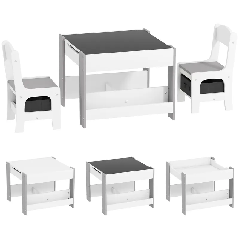 HOMCOM Set de Masă și Scaun pentru Copii, Set de Birou și Scaun pentru Copii 2-în-1 cu Tablă și Rafturi pentru Cărți, 61.5x61.5x48 cm, Gri | Romania