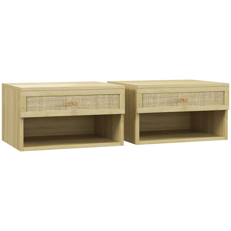 HOMCOM Set de 2 Noptiere Plutitoare, Noptiere cu Sertar din Ratan și Raft Deschis pentru Dormitor, 40x34x23 cm, Lemn Natural | Romania