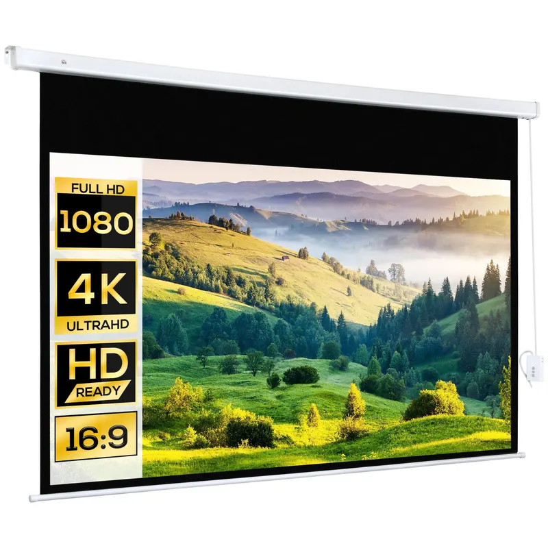 HOMCOM Ecran Proiector 100 Inch cu Montaj pe Perete sau Tavan, Ecran pentru Proiecții cu Telecomandă, 247x7.5x168 cm, Alb | Romania