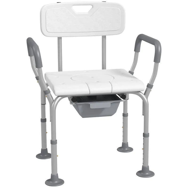 HOMCOM Scaun Baie cu Spătar și Brațe, Toaletă cu Înălțime Reglabilă, Scaun Toaletă cu Plăcuță de Picior, 53,5x46x70-82,5 cm, Alb | Romania