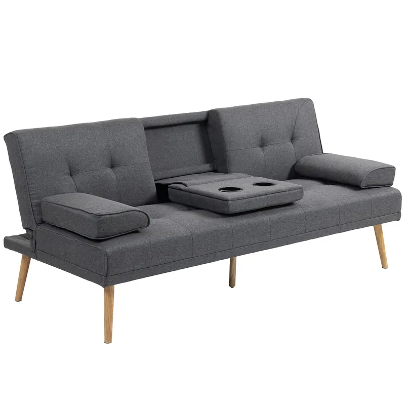 HOMCOM Canapea Extensibilă cu 3 Locuri, 2 Cotiere Detașabile, Covoraș Antiderapant și Imitație In și Lemn, 181x77x72 cm, Gri Închis | Romania