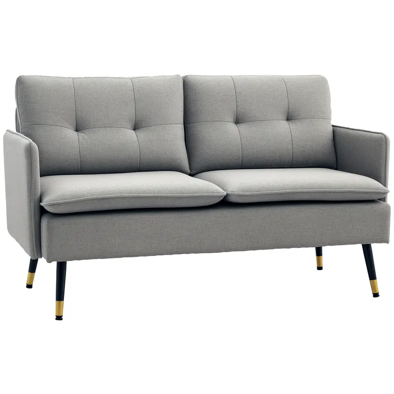 HOMCOM Canapea cu 2 Locuri din Material Textil cu Perne Capitonate, Canapea Modernă cu 2 Locuri cu Picioare din Oțel 139x68x80cm, Gri | Romania