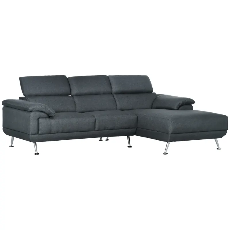 HOMCOM Canapea de Colț cu 3 Locuri pentru Camera de Zi, Colțar din Material Textil cu Tetieră Reglabilă, 249.5x162.5x95 cm, Gri | Romania