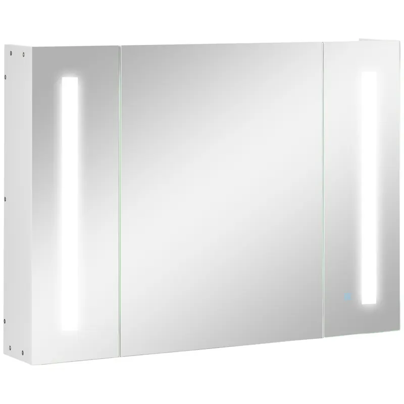 Kleankin Dulap de Baie LED cu Oglindă, 3 Uși și Rafturi Reglabile, Organizator de Depozitare Reglabil, 90x15x65 cm, Alb | Romania