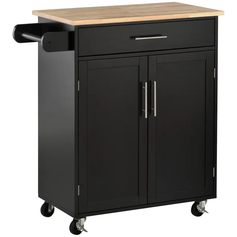 HOMCOM Cărucior de Bucătărie cu Sertar și Dulap cu 2 Uși, Insulă de Bucătărie cu roți și bară laterală, 83x45x91.5 cm, Negru | Romania