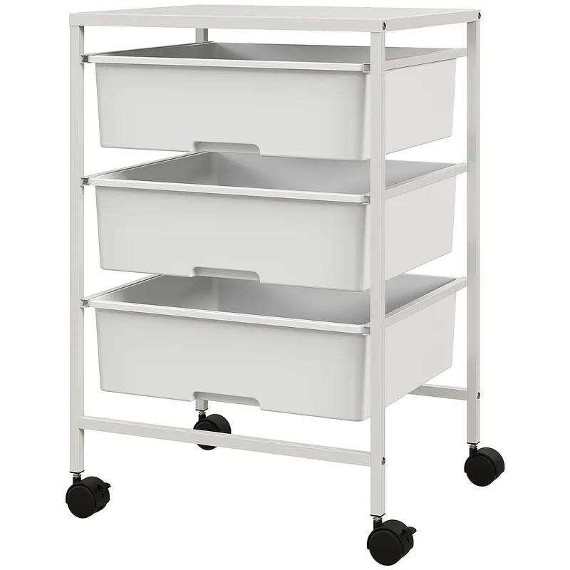 HOMCOM Cărucior Multifuncțional cu 3 Coșuri și Roți, Cărucior pentru Bucătărie și Birou din Oțel și Plastic, 40.8x33.5x60.5 cm, Alb | Romania