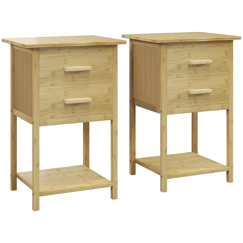 HOMCOM Noptiere, 2 piese, cu 2 Sertare și Poliță de Jos în Stil Nordic, Noptiere Moderne din Bambus, 40x34x60 cm, Lemn Natural | Romania