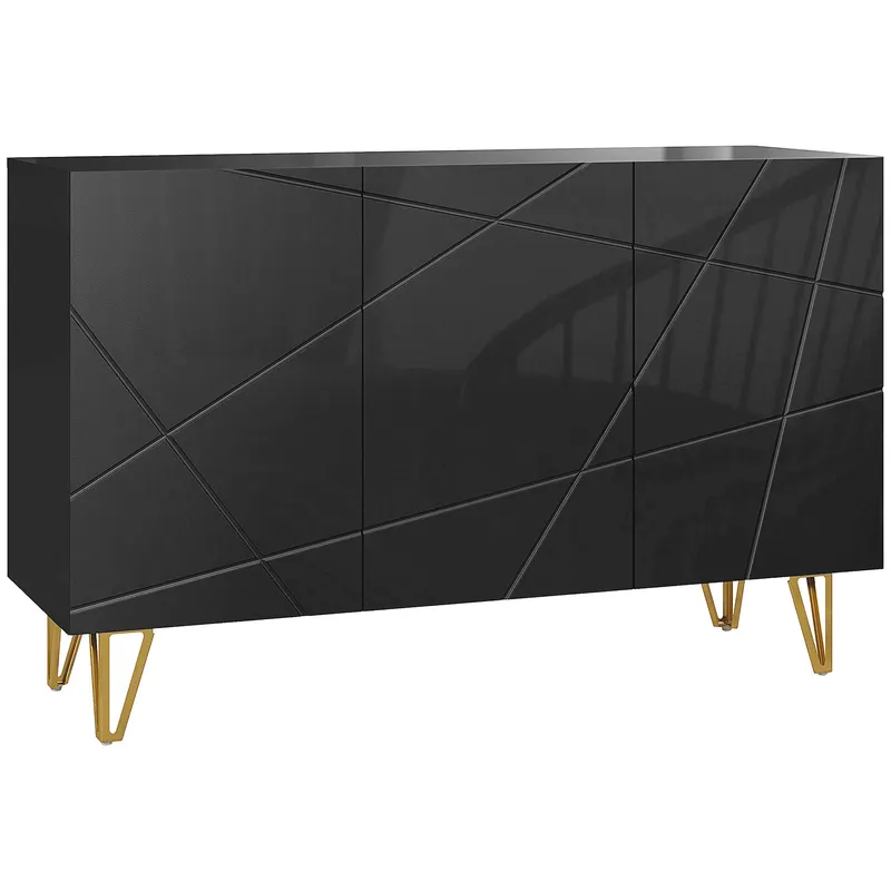 HOMCOM Dulap de Depozitare cu 2 Dulapuri și Raft Reglabil pe 3 Niveluri, Bufet Modern din PAL și Metal, 120x40x75 cm, Negru și Auriu | Romania