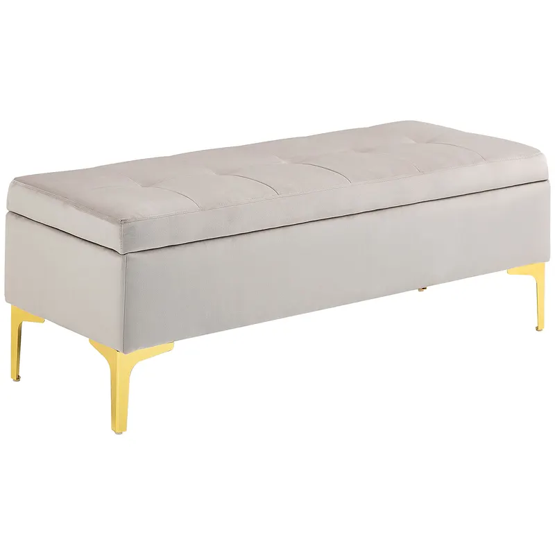 HOMCOM Bancă Otomană de Depozitare, Capăt de Pat din Catifea cu Picioare și Spațiu de Depozitare, 120x44x44.5 cm, Gri Deschis | Romania