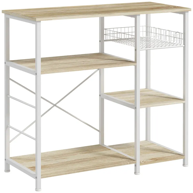 Raft de Bucatarie Cuptor cu Microunde, Dulap de Bucatarie cu 4 Rafturi cu Carlige si Cos Plasa, Lemn si Otel 90x40x84.5cm HOMCOM | RO