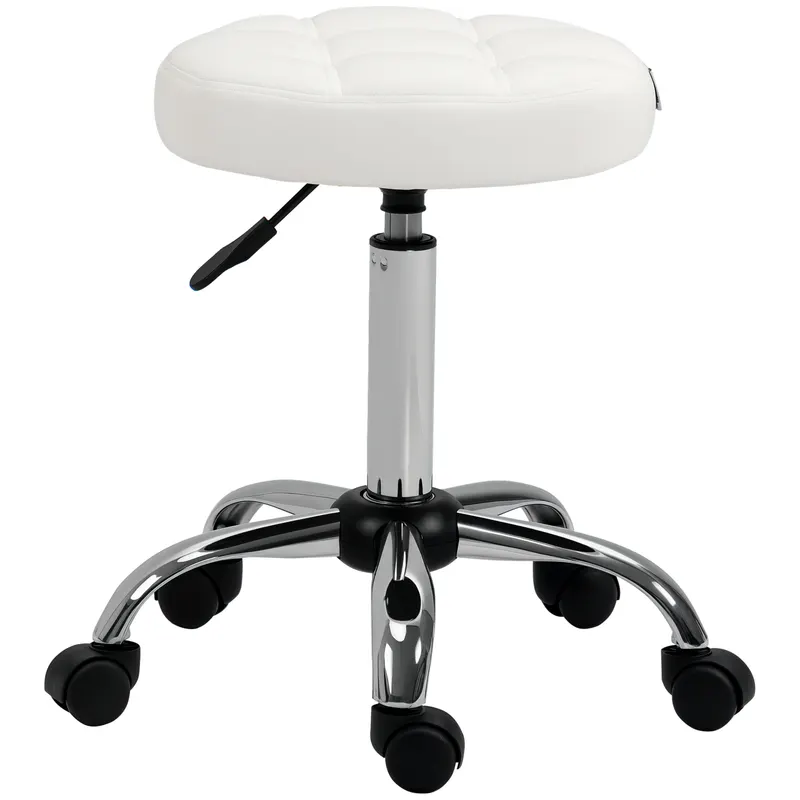 HOMCOM Scaun Rotativ cu Roti, Rotund, Scaun pentru Coafor și Estetician cu Înălțime Ajustabilă, Tapițat în Piele Ecologică, Ø35.5x51-67 cm, Alb