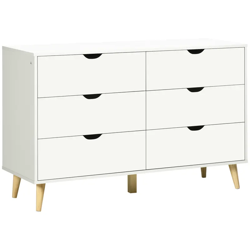 HOMCOM Comodă cu 6 Sertare și Mânere, Comodă din Lemn de Pin și Melamină, 120x40x76 cm, Alb
