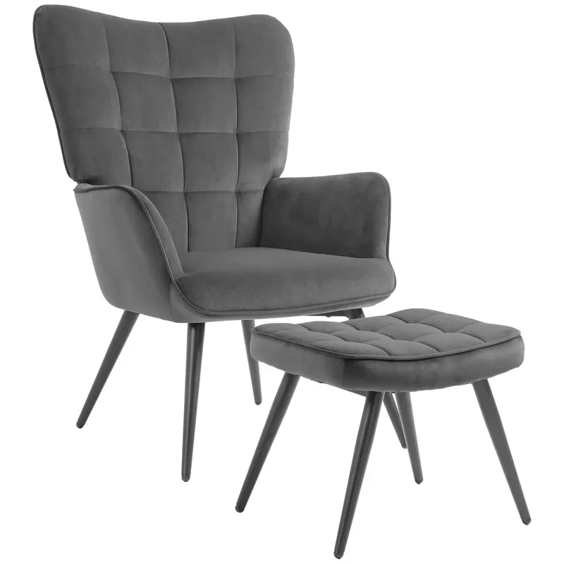 HOMCOM Fotoliu Tapițat pentru Interior cu Brațe și Taburet Integrat, Fotoliu pentru Sufragerie din Țesătură, 73x77.5x98 cm, Gri Închis | Romania
