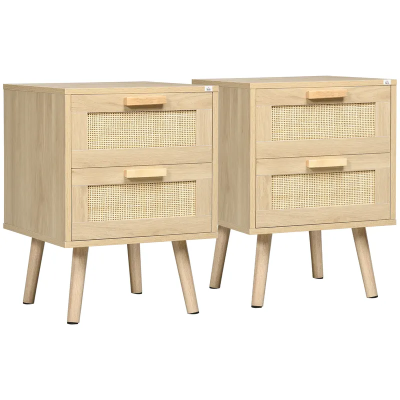 HOMCOM Set 2 Noptiere Boho Elegante, Mobilier Dormitor cu 2 Sertare, 40x40x56cm, Lemn Natural | Romania