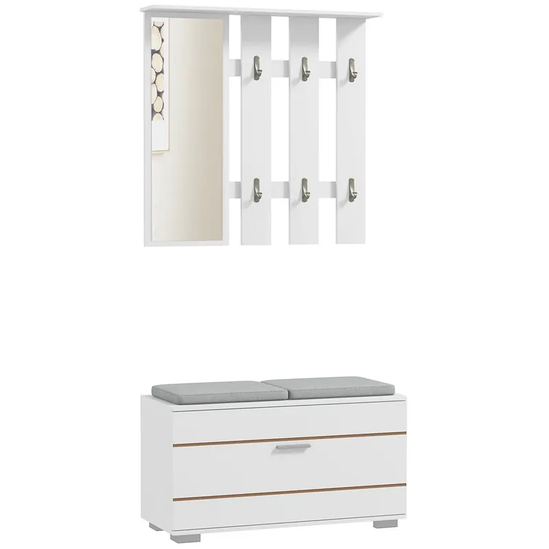 HOMCOM Set de Depozitare pentru Hol 4-în-1, Cuiere, Oglindă, Bancă pentru Încălțăminte cu Scaun, 85x35x49 cm, Alb | Romania