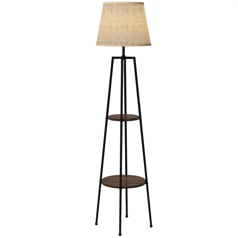 Lampa de Podea cu Rafturi, Inalta cu Abajur din Material Textil (Becul nu este Inclus), Nuc Maro si Maro Deschis, Φ42x166cm HOMCOM | RO