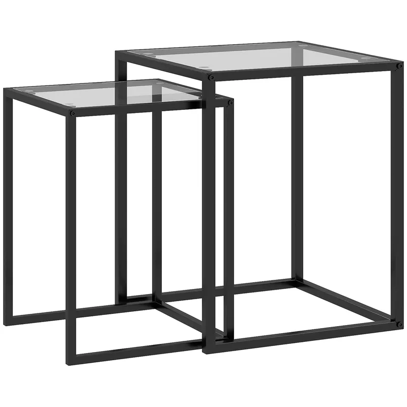 HOMCOM Set de 2 Masute care se Suprapun, Masute de Cafea Moderne care Economisesc Spatiul Patrate din Otel si Sticla Securizata, Negru | RO
