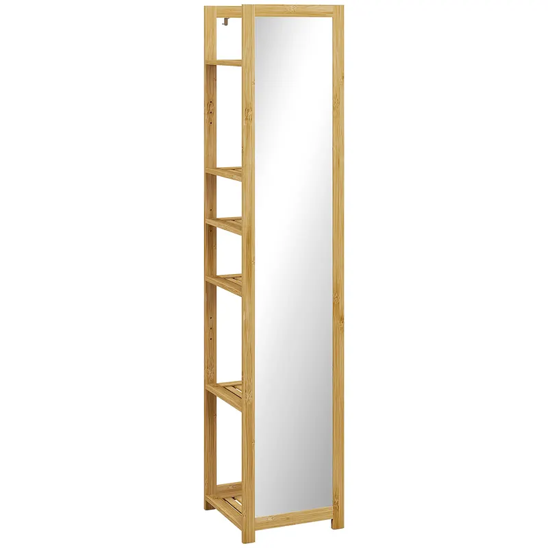 HOMCOM Poliță Baie pe 6 Niveluri cu Oglindă, Suport de Depozitare Multifuncțional, 35x35x168 cm, Lemn Natural | Romania