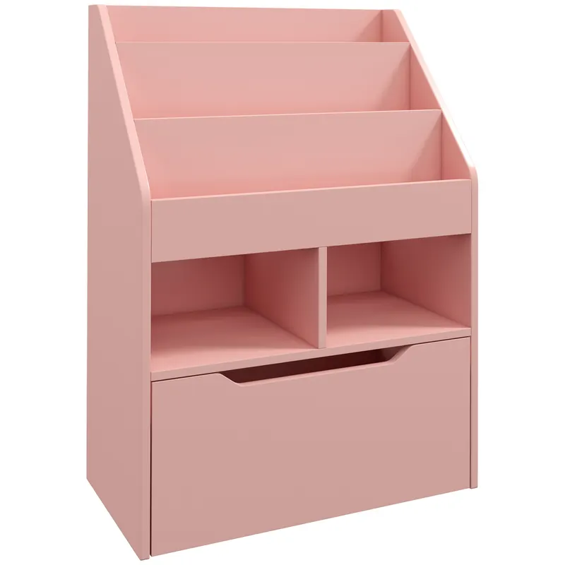 HOMCOM Bibliotecă pentru Copii cu Rafturi, Sertar și Roți, Raft pentru Jucării și Cărți, 60x29.9x90 cm, Roz | Romania