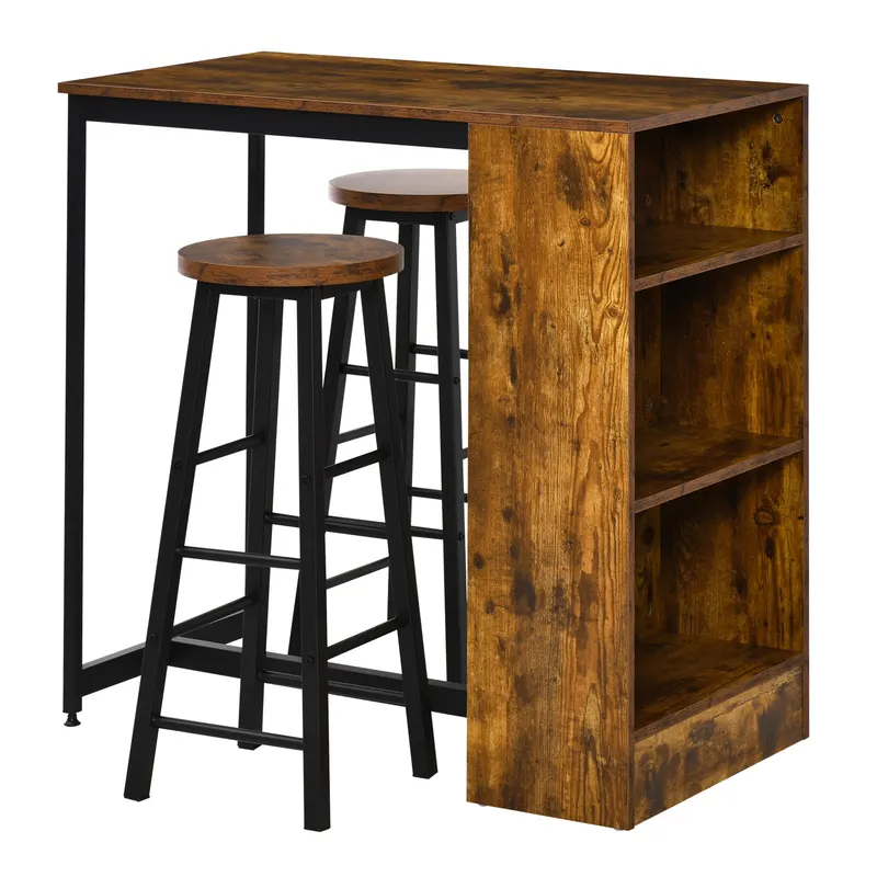 HOMCOM Set de Masă de Bar și Scaune cu Raft de Depozitare, 91x49x91 cm, Maro Rustic | Romania