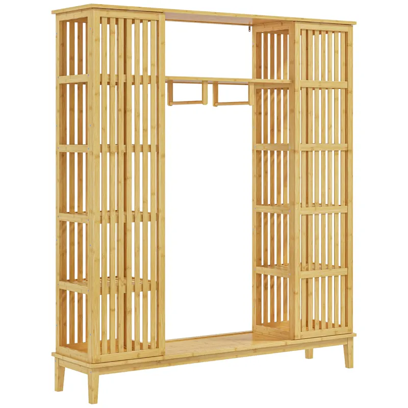 HOMCOM Dulap Deschis din Bambus cu 2 Uși Glisante, Garderobă cu Rafturi și Bară de Haine, 145x35x165 cm, Lemn Natural | Romania