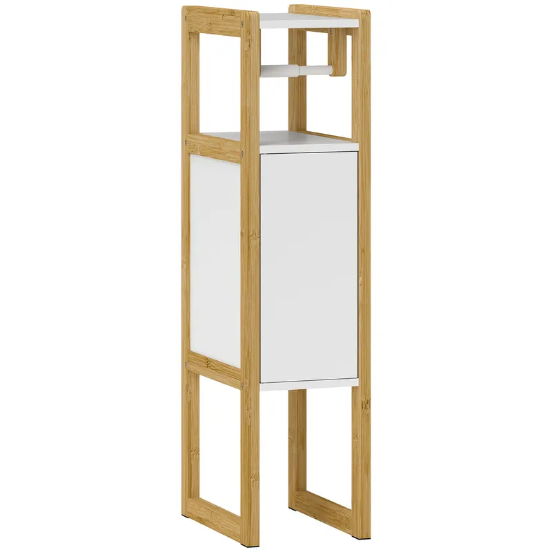 HOMCOM Mobilier de Baie cu Suport pentru Hârtie Igienică, Dulap și Raft, Dulap Compact din Bambus, 20x33x80 cm, Alb | Romania