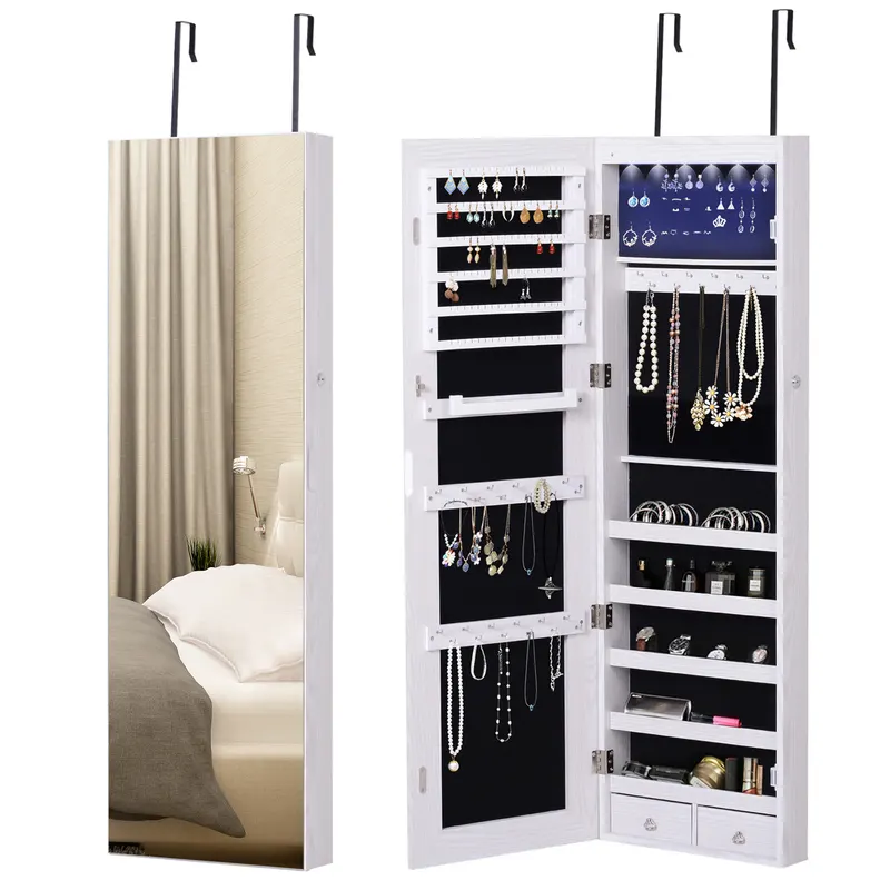 HOMCOM Oglindă pentru Bijuterii cu 6 Lumini LED și Spații de Depozitare, 37x10x120 cm, Alb | Romania