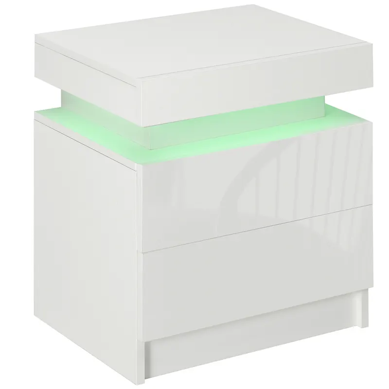 Noptiera alba HOMCOM cu lumina LED RGB, noptiera frontala lucioasa cu 2 sertare, pentru camera de zi, dormitor | RO