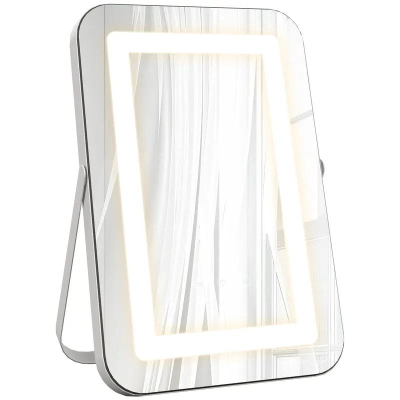 HOMCOM Oglindă de Machiaj LED cu Lumini Reglabile pe 3 Culori, USB și Oglindă de Mărire Rotativă, 31x41,5x3 cm, Alb | Romania