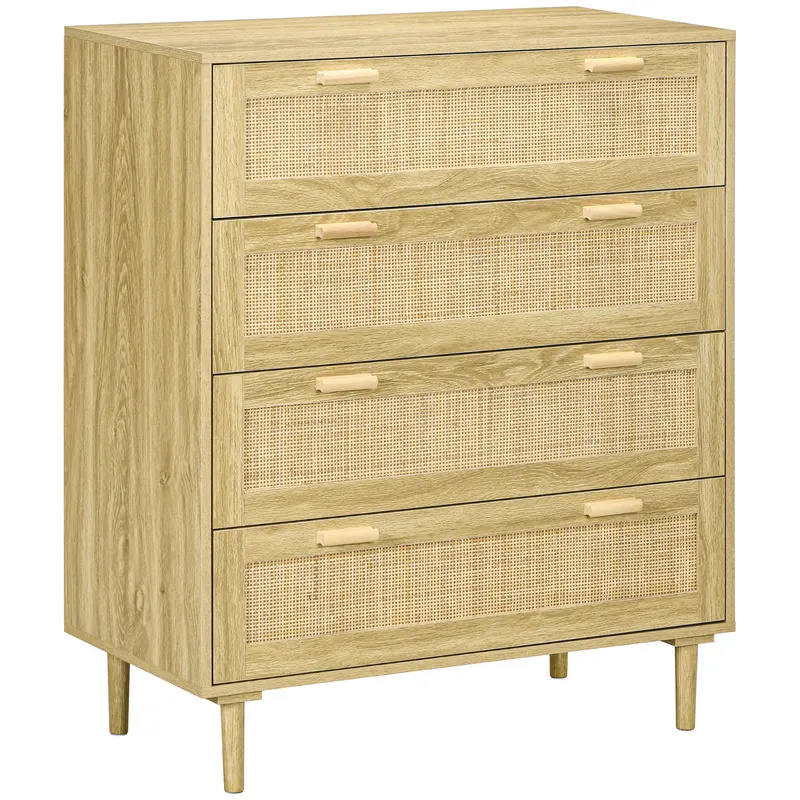 HOMCOM Comodă cu 4 Sertare în Stil Boho, Comodă din Lemn și Ratan pentru Dormitor și Hol, 90x45x108,5 cm, Stejar | Romania