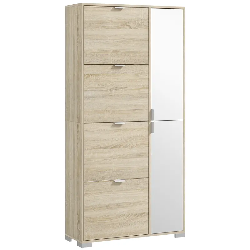 HOMCOM Etajeră pentru Pantofi cu Oglindă, 4 Sertare Rabatabile și 2 Dulapuri, 82x30x168 cm, Culoare Stejar | Romania