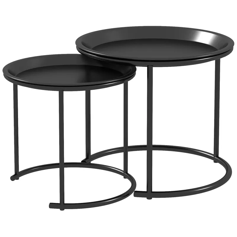 HOMCOM Set 2 Măsuțe de Cafea Suprapozabile, Măsuțe Joase Rotunde cu Tavă Detașabilă din Oțel, Ø 43x38 cm, Negru | Romania