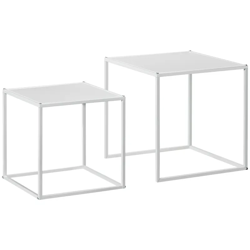 HOMCOM Set Măsuțe Cafea Patrate Stivuibile, Oțel, Design Modern pentru Living, Alb | Romania