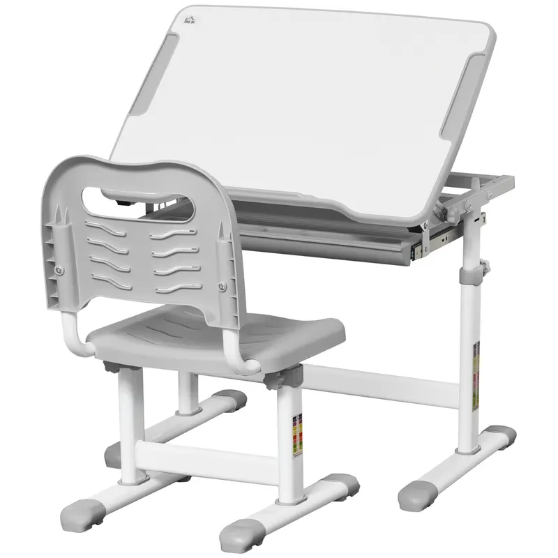 HOMCOM Set Masă și Scaun pentru Copii 6-12 ani, Reglabil pe Înălțime, cu Blat Înclinabil la 45°, 66x47x52-77 cm, Gri | Romania