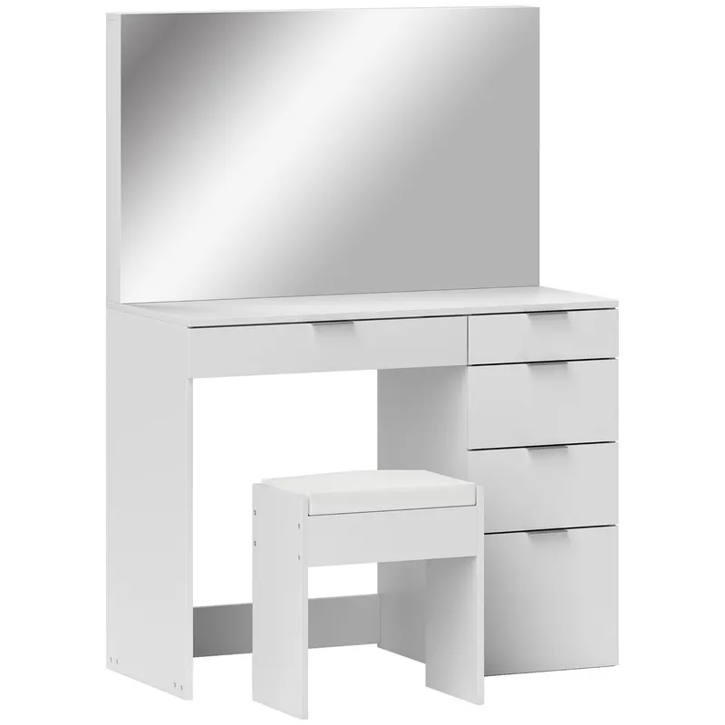 HOMCOM Set Masă de Toaletă cu Oglindă și 5 Sertare și Taburet de Machiaj Tapițat, 97,2x44,5x136,5 cm, Alb | Romania