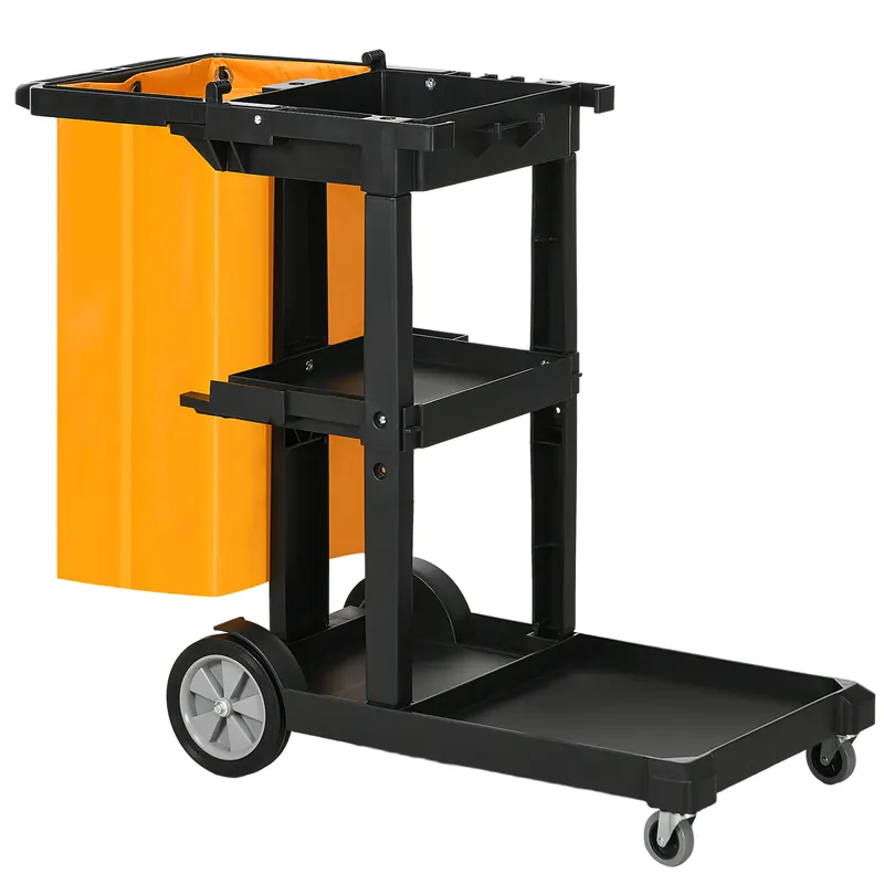 HOMCOM Cărucior de Curățenie Profesional cu 3 Rafturi, Cârlige pentru Mătură și Sac de 100L, Dimensiuni 121x50,5x96,5 cm, Negru | Romania