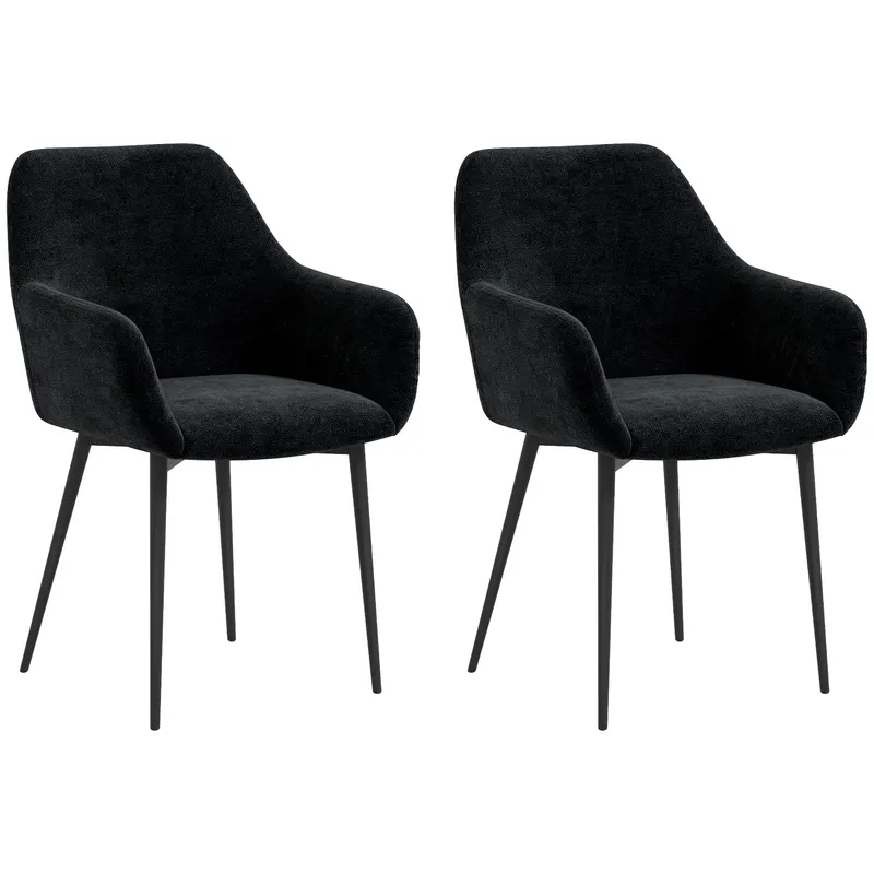 HOMCOM Set 2 Scaune Tapițate în Stil Nordic cu Brațe și Picioare din Oțel pentru Sufragerie, 54x57x80 cm, Negru | Romania